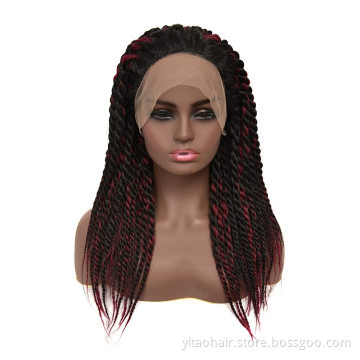 Burgundy Box Braided Lace Front Wig Braids Long Straight Synthetic Wigs For Afro Black Women Daily Wear Black Mixed Wine Red